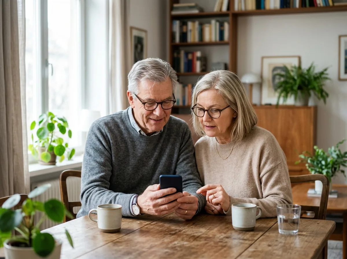 Älteres Paar schaut gemeinsam auf ein Smartphone